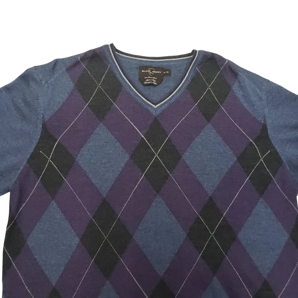 Black Brown 1826 Made in Italy 100% Merino Wool Argyle V-Neck Sweater Men XL - Picture 5 of 12